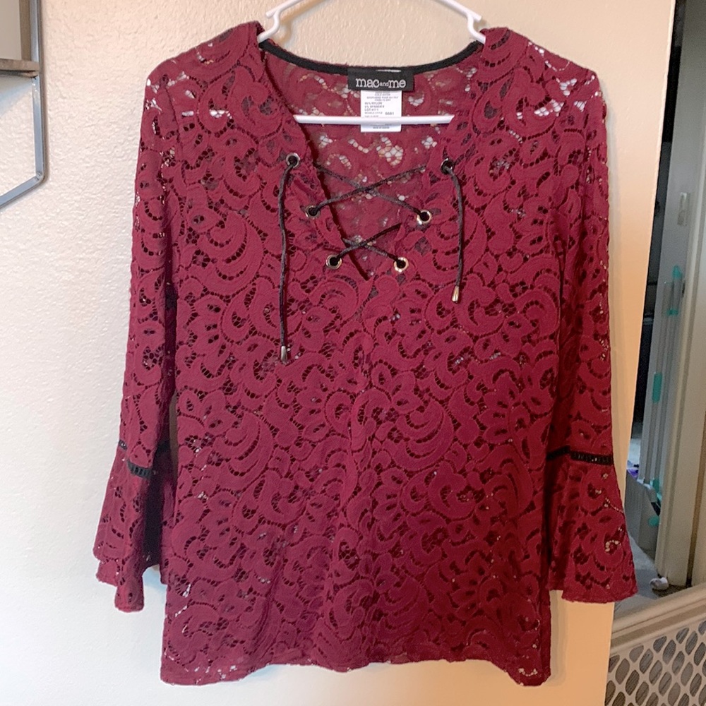 Mac and Me XS lace cross strap blouse. Purchased but never worn.